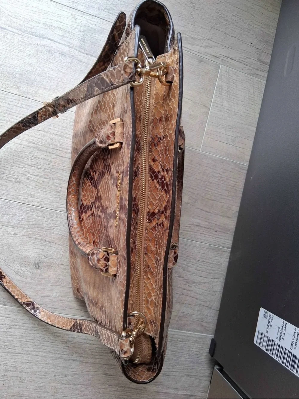 Michael Kors Brown Snake-Print Satchel with Gold Hardware